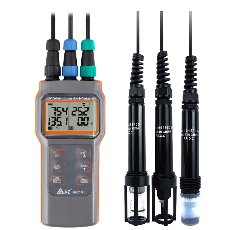 Medidor de Calidad del Agua Multiparamétrico AZ-86031, Medidor de Oxígeno Disuelto, pH, Conductividad, Salinidad y Temperatura